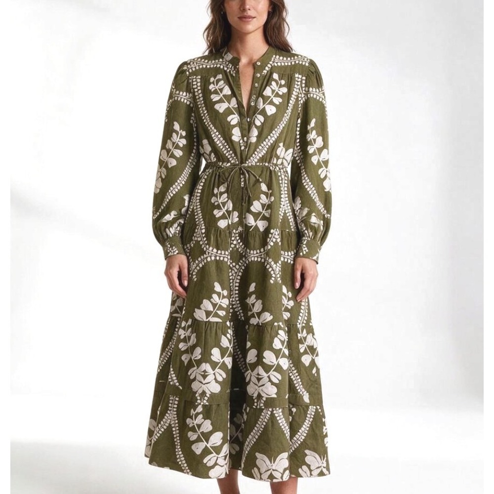 BEYOND BY VERA Olive Green White Floral COTTON POPLIN MAXI DRESS Tiered Boho S